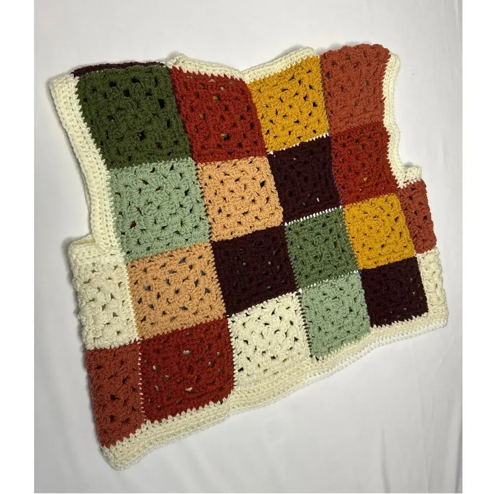 Vintage 1970s Style Handmade Crochet Granny Square Patchwork Vest Unisex XL